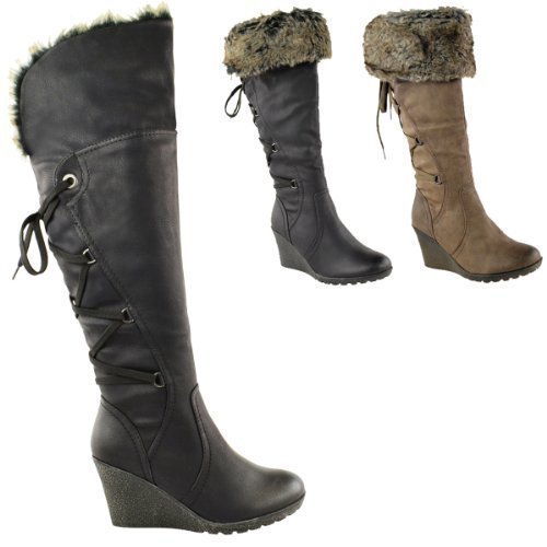 LADIES WOMENS FUR LINED MID WEDGE BOOTS 