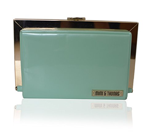 mint green patent leather light gold frame clutch with dust bag