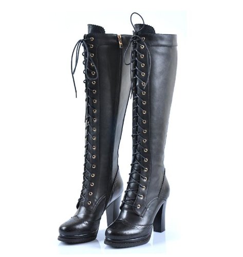 black leather knee high lace up boots